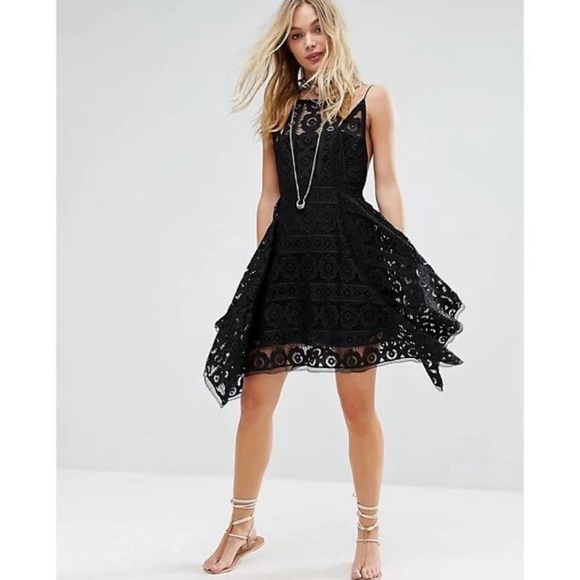 Free People Black Boho Just Like Honey Drape Hem Lace Mini Dress size 6 - Picture 6 of 14